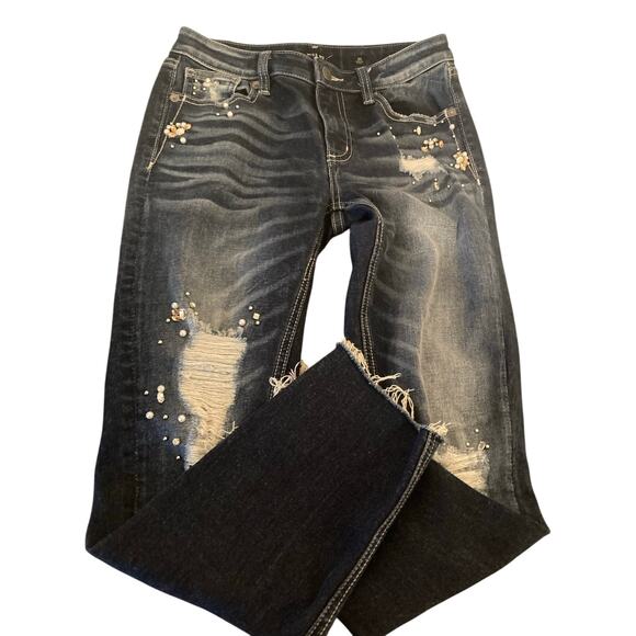 Miss Me Standard Ankle Skinny Size 25 Inseam 24 Distressed Embroiled Beeds - Picture 1 of 11